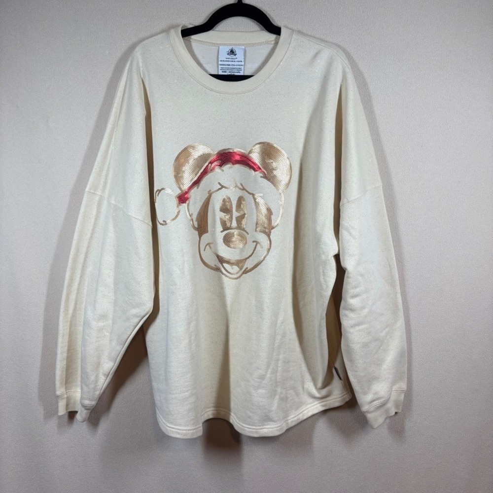 Disney Spirit Jersey Womens XL Cream Gold Sequin Mickey Merry Christmas Glitter